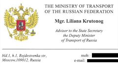 Vizitka manaerky Liliany Krutonog z ruského ministerstva dopravy.