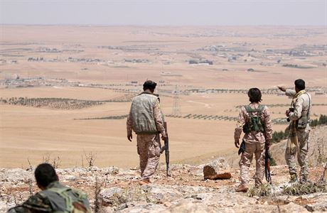 Vojci kurdskch milic stoj nad dobytm zemm kolem msta Manbid, kter se...