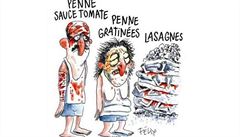 Karikatura zobrazuje oběti zemětřesení jako druhy italských těstovin