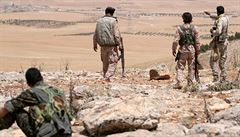 Vojáci kurdských milic stojí nad dobytým územím kolem města Manbidž, které se...