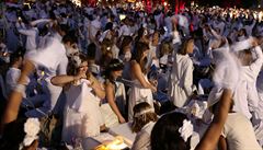 Lidé bavící se na tajném veírku Diner en Blanc.