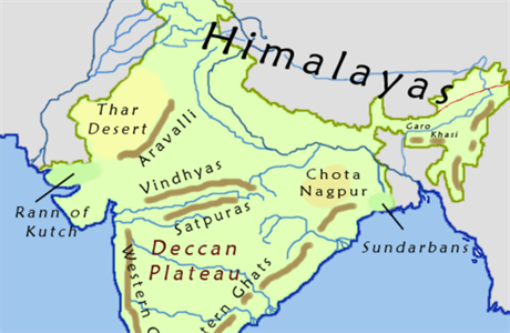 Dekkansk ploina (Deccan Plateau) na map Indie.