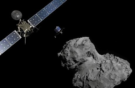 Sonda Rosetta a modul Philae, kter m na povrch komety...