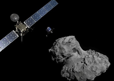 Sonda Rosetta a modul Philae, který míí na povrch  komety...