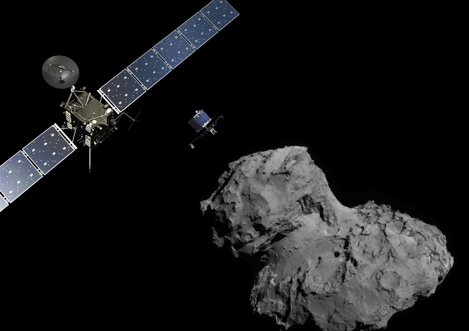 Sonda Rosetta a modul Philae, který mí�í na povrch  komety...