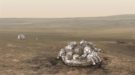 Ilustrace modulu Schiaparelli na Marsu