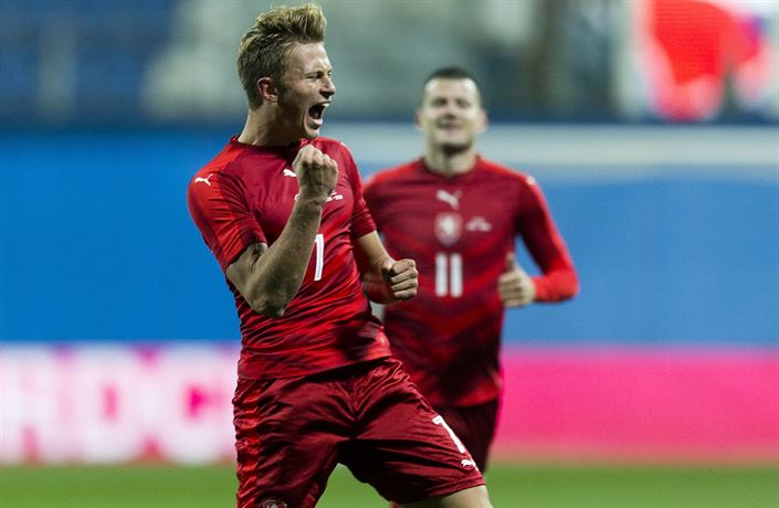 Antonín Barák se raduje ze své první trefy v dresu reprezentace.