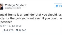 Parodický twitterový úet CollegeStudent se strefuje do Trumpova odhodlání a...