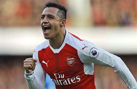 Arsenal's Alexis Sanchez celebrates after scoring during the English Premier...