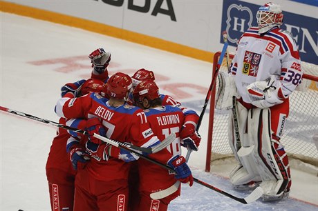 Ruská radost v zápase Channel One Cupu proti Česku.