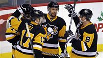 Nick Bonino z tmu Pittsburgh Penguins' slav svj gl se spoluhri Brianem...