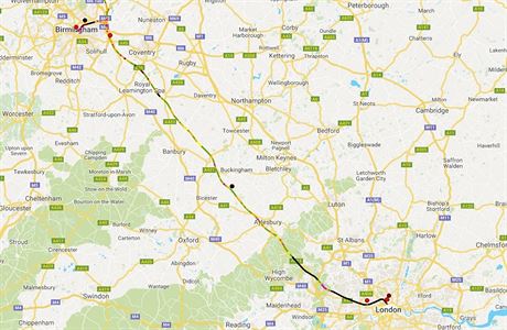 Mapa expresn eleznice High Speed Two, kter povede mezi Londnem a...