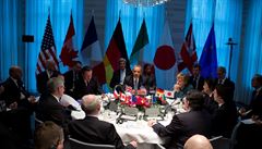 Prezident Barack Obama vedl v roce 2014 setkání lídr G7 a diskutovali o...