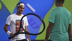 Federer bhem exhibice ped Australian Open v Melbourne.