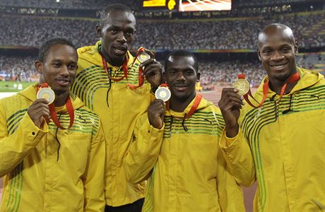 Zleva: Michael Fraser, Usain Bolt, Nesta Carter a Asafa Powell.