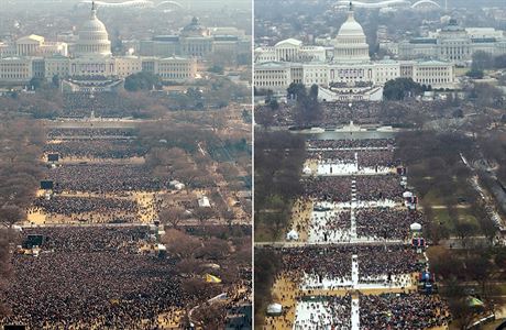 Porovnn fotek z inaugurace exprezidenta Baracka (vlevo) Obamy a Donalda...