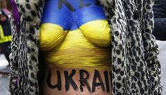Pomalované t�lo aktivistky ukrajinské skupiny Femen, která tak demontruje...