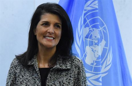 Nikki Haleyov u vlajky OSN.