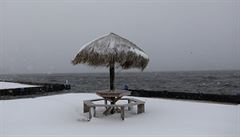 A snow covered tiki hut is seen along the waterfront in Port Washington, New...