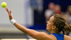 Barbora Strýcová v zápase 1. kola Fed Cupu proti panlce Garbin Muguruzuaové.
