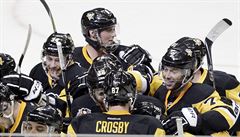 Sidney Crosby, kapitán Pittsburghu, v obleení spoluhrá.