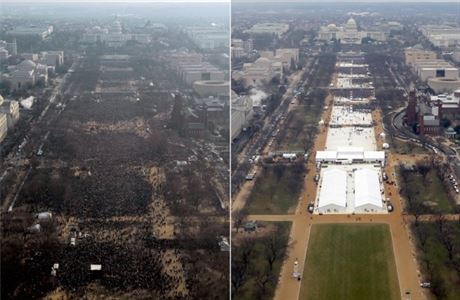 Porovnání dav na inauguraci prezidenta Obamy (vlevo) a prezidenta Trumpa...