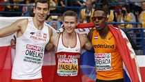 Zleva stříbrný Polák Rafal Omelko, Pavel Maslák a bronzový Nizozemec Liemarvin...