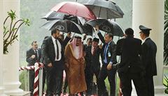 Saudský král a indonéský premiér Joko Widodo kráí pod detníky.