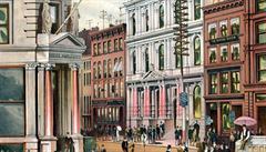 Newyorská burza zachycená v roce 1882 americkým ilustrátorem Hughsonem Hawleym.