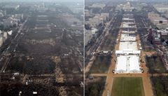 Porovnání davů na inauguraci prezidenta Obamy (vlevo) a prezidenta Trumpa...