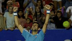 Novak Djokovic se raduje z vítzství nad Juanem Martínem Del Potrem.