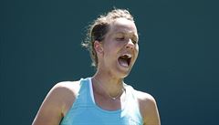 Barbora Strycova, of the Czech Republic, reacts after losing a point to...