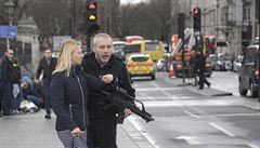 Ozbrojený policejní dstojník pomáhá en po incidentu na Westminsterském most.