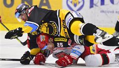 Momentka ze �tvrtfinále hokejové extraligy Mezi hradeckým Mountfieldem a...