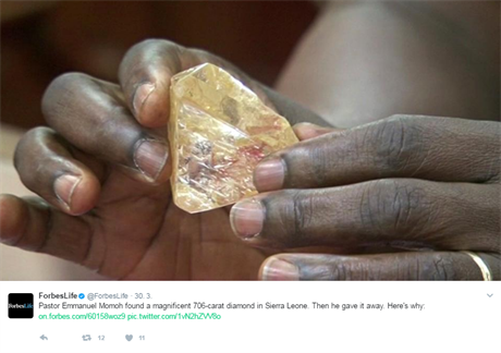 Jeden z deseti nejvtích diamant svta nalezený letos v Sierra Leone.