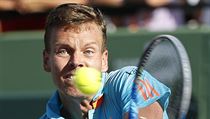 Tom Berdych v souboji s Rogerem Federerem.