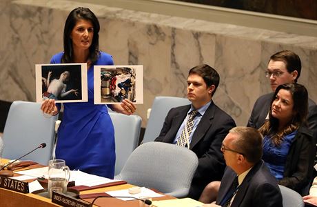 Americk zstupkyn v OSN Nikki Haleyov ukazuje bhem mimodnho jednn rady...