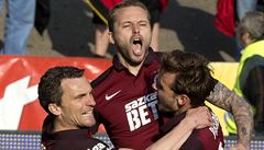 Sparta vs. Brno, 23. kolo první fotbalové ligy: slavící Lafata (vlevo), Michal...