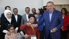 Turecký prezident Erdogan bhem tureckého referenda.