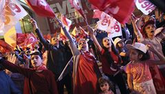 Supporters of Turkish President Tayyip Erdogan celebrate at the AK party...