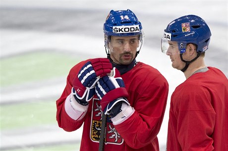 Zleva Tomá Plekanec a Roman ervenka tréninku eské hokejové reprezentace.