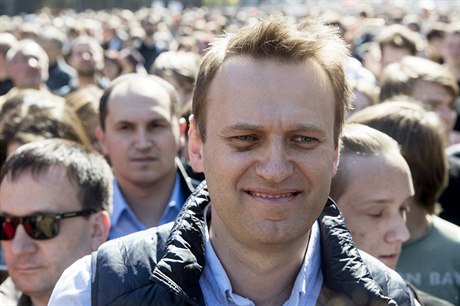 Russian opposition leader Alexei Navalny, center, takes part in a rally in...