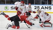 MS v hokeji 2017, Švýcarsko vs. Bělorusko: gólman Bělorusů Kevin Lalande a...