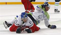 MS v hokeji 2017, esko vs. Slovinsko: imek v souboji se soupeem.