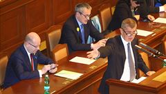 Andrej Babi pi projevu ve snmovn. Za ním sedí premiér Bohuslav Sobotka a...