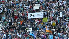 Lidé demonstrující v Praze proti Andreji Babiovi a Miloi Zemanovi.