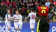 Pátelské utkání Belgie vs. esko: Krmeník (vlevo) slaví branku se svými...