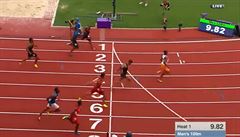 Christian Coleman v cíli stovky na univerzitním ampionátu.