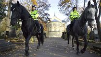 Pražští policejní koně na hřbitově.