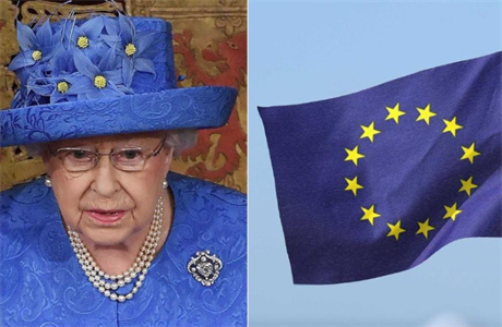 Britská královna Albta a vlajka Evropské unie.